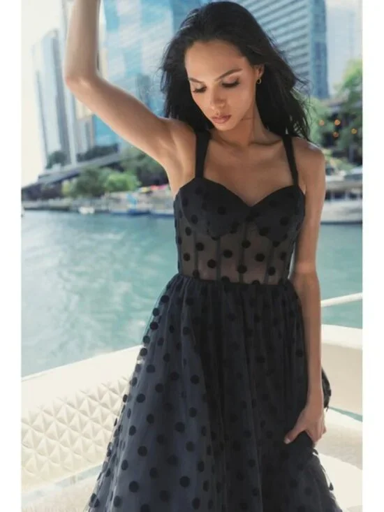 NWT Mac Duggal Black Polka Dot Net Bustier A-Line Midi Dress - Size 10‎ - Picture 3 of 16